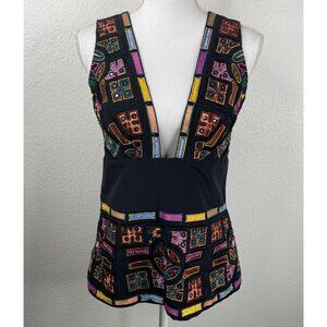 Nicole Miller Artelier Top Women's Black Sz S/M Silk Sleeveless Embellished Art